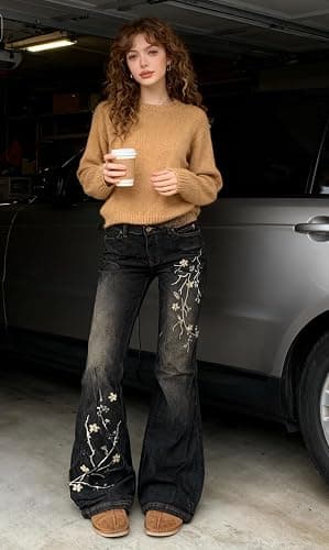 Women Bell Bottom Jeans Stretchy Flare Mid Rise Embroidery Vintage Denim Pants 90s Outfits Y2k Clothes thumbnail 3