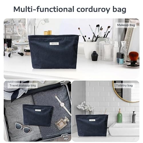 Wudygirl Cosmetic Bags for Women,Travel Makeup Bag,Aesthetic Women Handbags Purses,Large Capacity Corduroy Toiletry bag Zipper Pouch(Navy Blue) thumbnail 7