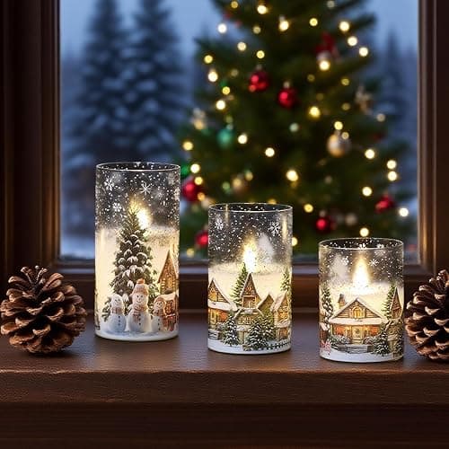 DRomance Snowman House Glass Flameless Candles Battery Operated with Remote and Timer Real Wax LED Flickering Pillar Candles Cold White Light Window Christmas Holiday Decor 3" D x 4", 5", 6" H thumbnail 5