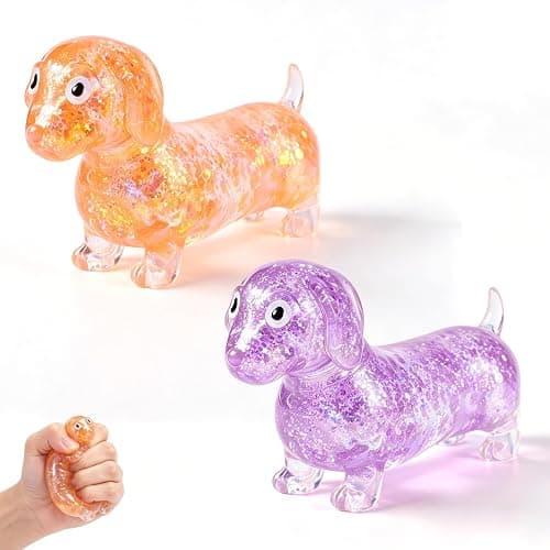 2Pcs Dachshund Squishy, Squishy Weiner Dog, Sparkly Gel Rainbow Sausage Dog Stretch Ball, Dachshund Squishy Stress Ball for Adults (Orange+Purple) - Image 1