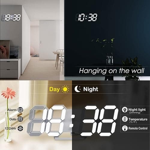 KOSUMOSU 3D LED Digital Wall Clock ,9.7", Large Display Table/ Desk Clock with Remote Control 12/24H Temperature (White Light) thumbnail 4