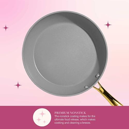 Paris Hilton Iconic Nonstick Pots and Pans Set, Multi-layer Nonstick Coating, Matching Lids With Gold Handles, Made without PFOA, Dishwasher Safe Cookware Set, 10-Piece, Pink thumbnail 5