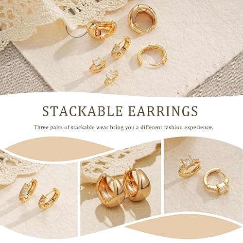 Gold Hoop Earrings Set for Women, 14K Gold Plated Lightweight Earrings Sets for Multiple Piercing, Hypoallergenic Chunky Trendy Gold Earrings for Women Jewelry thumbnail 8