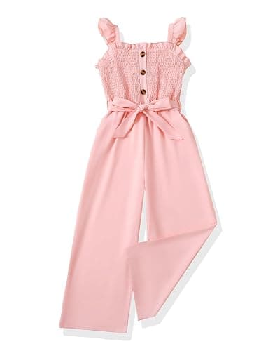 SODLON Girls Jumpsuit Kids Romper Cute Summer Smocked Outfits Size 5-12Y | Fashion Preppy Girls Clothes, Ruffle School Graduation Picture Girl Jumper, Sleeveless Tween Jumpsuits with Belted & Pockets - Image 1
