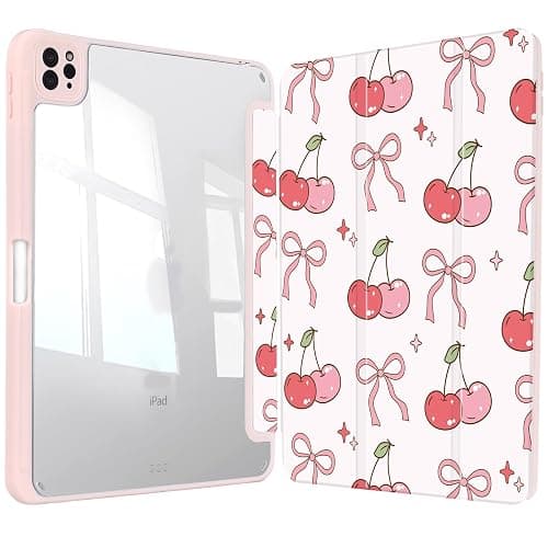 Vozehui Cherry Bowknot Case for iPad Air 11 Inch Case M3 2025/M2 2024/iPad Air 5 2022/ Air4 2020 10.9 Inch with Clear Back Shell w/Pencil Holder,Tri-fold Stand Protective Cover w/Auto Sleep Wake - Image 1