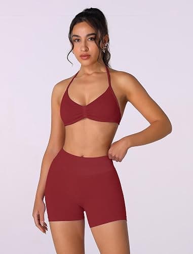 ABOCIW Womens Seamless Workout Sets 2 Piece Strappy Halter Sports Bra Scrunch Butt Shorts Gym Yoga Outfits thumbnail 3