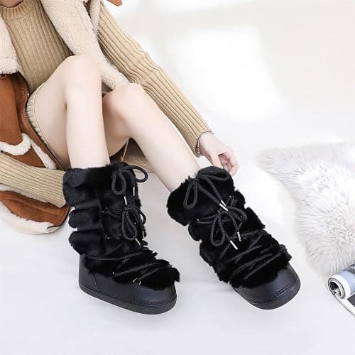 ZHENAIYISHENG Furry Faux Fur Boots for Women - Fuzzy Winter Snow Boots - Fluffy Black White Pink Fur Boots - Lace-up Mid-Calf Water-Resistant Platform Boots thumbnail 6