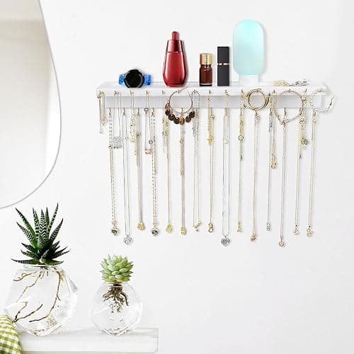 YYILIS Necklace Holder, Upgraded Extra Large Wall Necklace Organizer with 30 Hooks Wall Mounted Necklace Hanger with Jewelry Tray/Cosmetics Shelf Rustic Pine Wood Holder (White) thumbnail 2