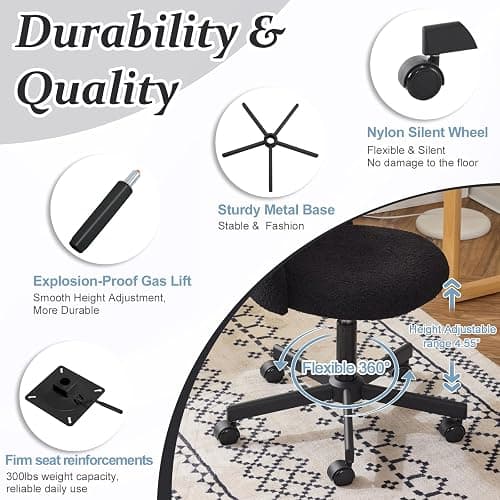VINGLI Cute Candy Chair Armless Comfy Small Office Desk Vanity Chair with Wheels & Lumbar Support,Teddy Adjustable Rolling Swivel Computer Task Ch for Home Office,Bedroom,Black thumbnail 3