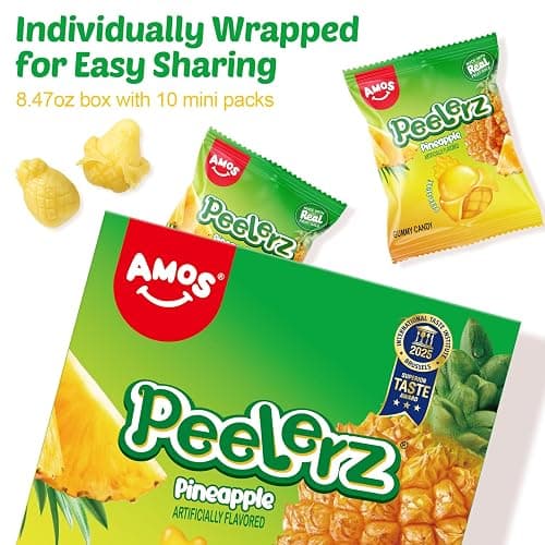 AMOS Peelerz Pineapple Gummy Candy, Peelable Fruit-Shaped Candy, 8.47oz Box with 10 Individual Packs – Fun Peeling Gummy Snack Made with Real Juice thumbnail 4