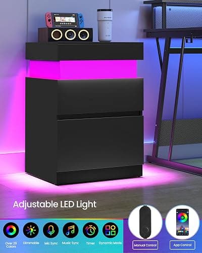 VASAGLE KAILYN Collection - Nightstand with Power Outlets, Sliding Lid, Modern Bedside Table with LED Lights, End Table, 2 Drawers, 15.7 x 18.9 x 26.8 Inches, Ink Black ULET650BC01S thumbnail 5