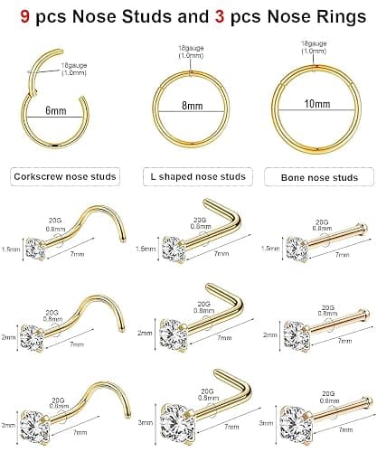 Nose Rings Hoop and Nose Studs Sets for Women Men,Hypoallergenic 316L Surgical Stainless Steel Hinged Clicker Segment Nose Rings Hoop Helix Cartilage Daith Tragus Sleeper Earrings Silver Gold Black L Shape/Corkscrew/Straight Nose Studs Real Body Piercing Jewelry thumbnail 2