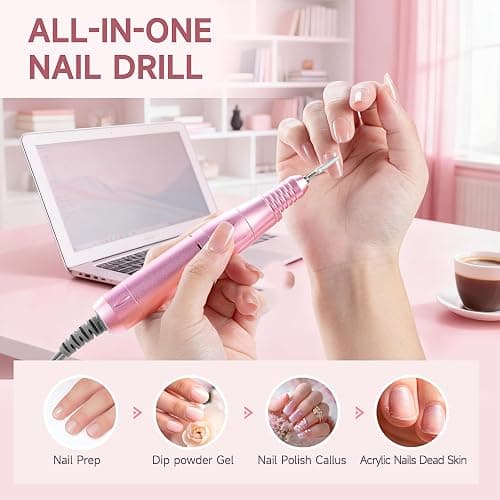 Professional Nail Drill Electric File 45000RPM, Portable Rechargeable Electric Nail File with 11 Drill Bits & 50 Sanding Bands, Low Noise Nail Drill Kit for Acrylic Gel Nails, Salon & Home Use, Pink thumbnail 7
