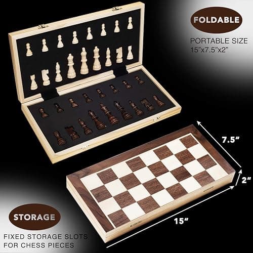 AMEROUS 15 Inches Magnetic Wooden Chess Set - 2 Extra Queens - Folding Board - Pieces Storage Slots, Handmade Portable Travel Chess Game - Beginner Chess Set for Kids, 6 up Age thumbnail 3