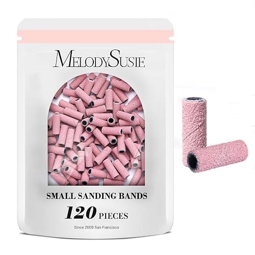 MelodySusie 120 Pcs Nail Drill Bits Small Sanding Bands for 3.1mm Mandrel Bit, 180 Fine Grit Nail File for Acrylic Nails Gel Manicures and Pedicure, Pink (Only Sanding Bands) - Image 1
