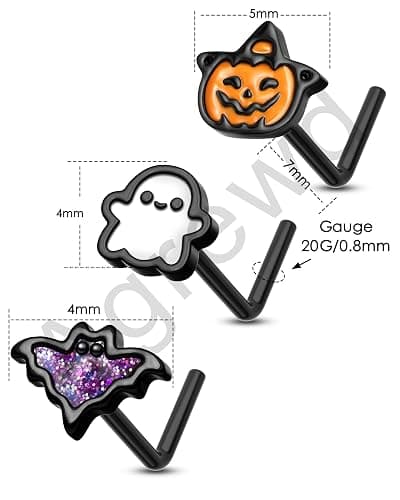 Agrewd 3PCS Halloween Nose Studs 20G Black Nose Rings for Women Men L Shaped Nostril Piercing Jewelry Stainless Steel thumbnail 5