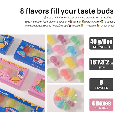 Gummy Glow Astronaut Wax Candy, 8 Flavor Retro Wax Bottles (4 Boxes, 4 Flavors Each) Nostalgic Treat thumbnail 2