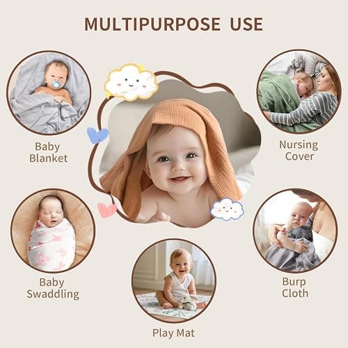 Muslin Swaddle Blankets for Newborn, 2 Pack Breathable Soft Receiving Blanket, Large 41 x 41 inches Swaddle Wrap Burping Clothes, Essentials Infant Shower Items. (Beige & Light Gray) thumbnail 7