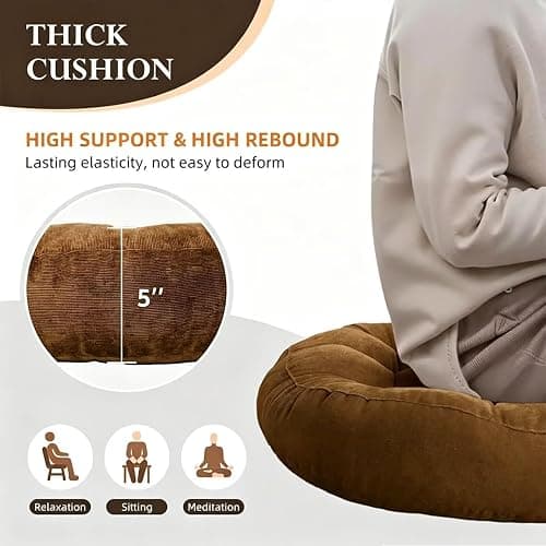 Gfobip Meditation Cushions Set of 2, Floor Pillow for Adults, 18.9 Inch | Reading nook use, Meditation seating, Tatami seating, Tufted Corduroy cover, 5 in thick, High-density pearl cotton, Brown thumbnail 3
