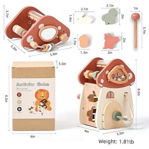 Youuys Wooden Activity Cube - 11-in-1 Montessori Toys for 1+ Year Old Boys & Girls, Multipurpose Educational Sensory Toys for Toddler, First Birthday Gift, Busy Board Toys for 18 Months (Mushroom) thumbnail 3