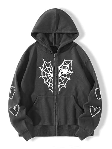Y2K Gothic Spider Web Heart-shaped Print Hoodied Pullover Punk Zip Up Jacket Coat Harajuku Loose Oversized Streetwear thumbnail 4