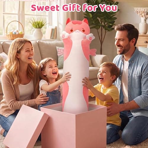 Mewaii Kids Body Pillow Pink Long Cat Plush 20 in, Extra Filling Soft Cute | Ultra-Soft Stretch Fabric, Huggable Cat Plush, For Bedtime, Sofa Back Cushion, Cute Kawaii Cat Design, Gift for Kids & Girls thumbnail 2