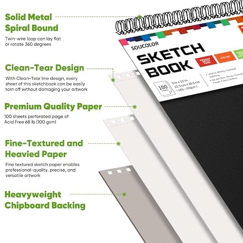 Soucolor Sketch Book, Spiral Bound Acid-Free Sketchbook with 68lb/100gsm for Paper Painting, Drawing, Writing, Artist Sketching Pad for Kids, Adults & Teens, 100 Sheets (Black, 9 x 12 Inch, Pack of 1) thumbnail 2