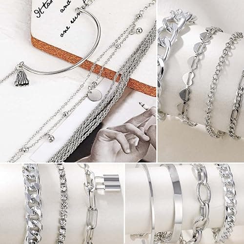 17IF 18-25 PCS(6 Pack) Boho Gold Bracelets Set for Women Stackable Chunky Dainty Bangles Adjustable Chain Flat Cuff Cuban Punk Charm Bundle Jewelry thumbnail 7