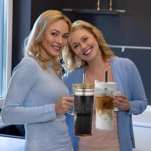 Birity 24oz Ribbed Glass Cup with Lids and Straws,2Pack Glass Tumbler with Handle,Reusable lced Coffee Cups with lids-Glass Cups with Lids,Mason Jar Cup for Smoothie,Coffee,Juice,Water,Tea,Travel Mug thumbnail 2
