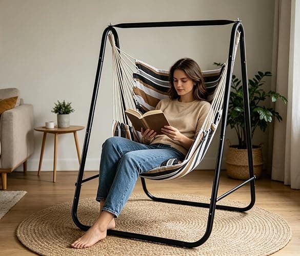 Hammock Chair with Stand,Hammock Chair Stand with Hanging Swing Chair Included,Weather Resistant Hammock Stand Max 450 Lbs,Saving Space Swing Stand for Indoor Outdoor Patio Yard Patented(Coffee) thumbnail 2