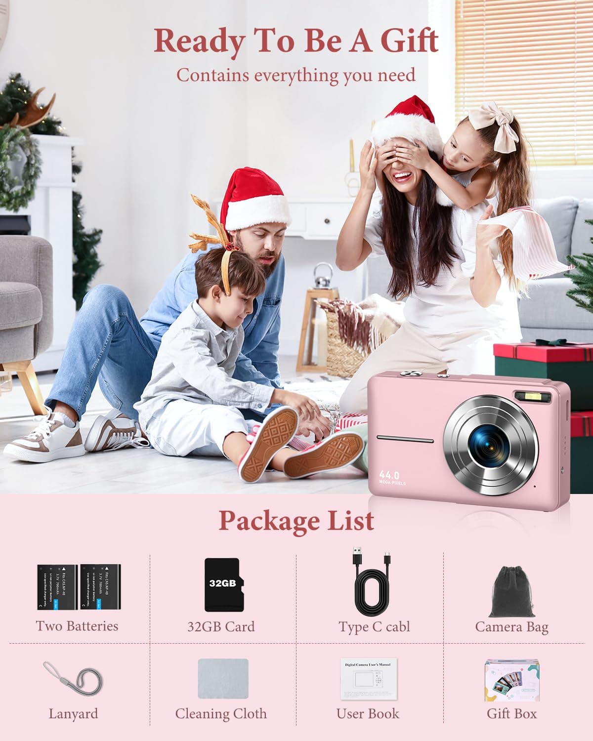 Digital Camera, Camkory FHD 1080P Point and Shoot Digital Camera 44MP Kids Camera 16X Digital Zoom, Anti Shake Small Travel Camera with 32GB SD Card, Two Batteries (Light Pink) thumbnail 7