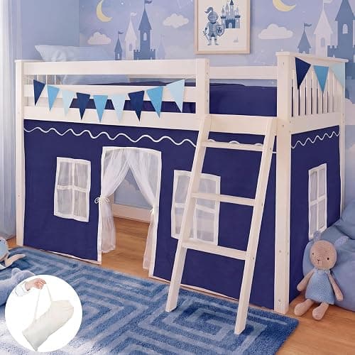 Breling 3 Panel Bunk Bed Curtains for Bottom Loft Bed Tent Set with Felt Flag Double-Layer Twin Bunk Curtains Playhouse Accessories for Boy Girl Bedroom(Blue and White,Classic) - Image 1