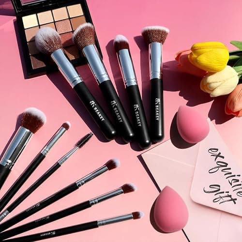 BEAKEY Makeup Brush Set Professional for Eye and Face, Foundation Blending, Eyeshadow, Concealer, Eye Shadow with 2 Blender Sponge, Paper Case, Gifts for Women - Black/Silver thumbnail 8