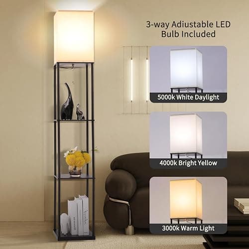 Gupuzm Floor Lamp with Shelves, Modern Square Standing Lamp with 3 Color Temperature Bulb, Corner Display Bookshelf Lamp for Living Room, Bedroom and Office (Black) thumbnail 2