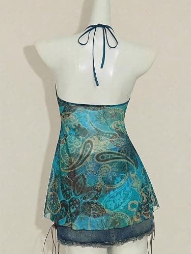 BEAUDRM Women's Leopard Halter Top Y2k Vintage Cheetah Flowy Tie Backless Asymmetrical Tops Party Club Going Out Outfits thumbnail 2