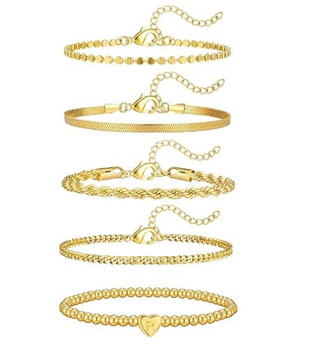 doubgood Gold Bracelets for Women, 14K Gold Plated Stackable Initial Beaded Bracelet with Letter Pendant Waterproof Stretch Trendy Stack Jewelry Set Gifts for Women - Image 1