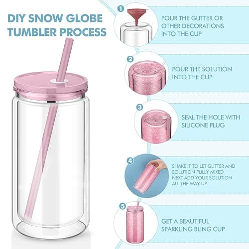 Nuenen 20 Pcs 16 oz Plastic Snow Globe Tumbler Pre Drilled Double Wall Plastic Can with Lid and Straw Double Wall Snowglobe Cup with Colorful Lid Mason Jar Cups for Snow Globe Glitter DIY Gift thumbnail 4