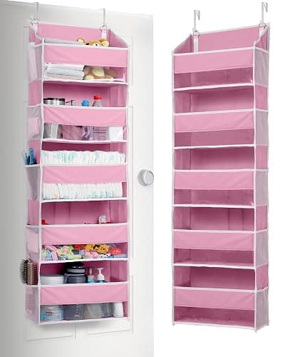 ULG 1 Pack Over Door Organizer with 5 Large Pockets 10 Mesh Side Pockets, 44 lbs Weight Capacity Hanging Storage Organizer with Clear Window Kids Toys, Shoes, Diapers, Pink - Image 1