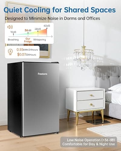 Frostorm 3.2 Cu Ft Mini Fridge with Freezer - Energy Efficient, Large Capacity Single Door Upright Freezer for Bedroom, Office & Dorm | Small Fridge, Reversible Door, ETL Certified(Silver) thumbnail 4