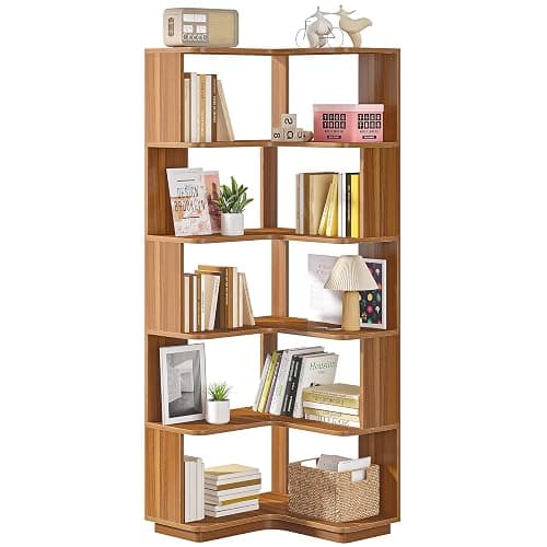 LITTLE TREE 6-Shelf Corner Bookshelf, 65” Tall L Shaped Bookcase, 6-Tier Industrial Corner Shelf Storage Display Rack for Living Room Home Office, Wood Grain Walnut - Image 1