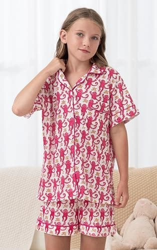 SLPTIMISO Girls Summer Outfit,Kids 2 Piece Button Down Monkey Loungewear Beach Shorts Set Preppy Animals Lounge Pjs thumbnail 6