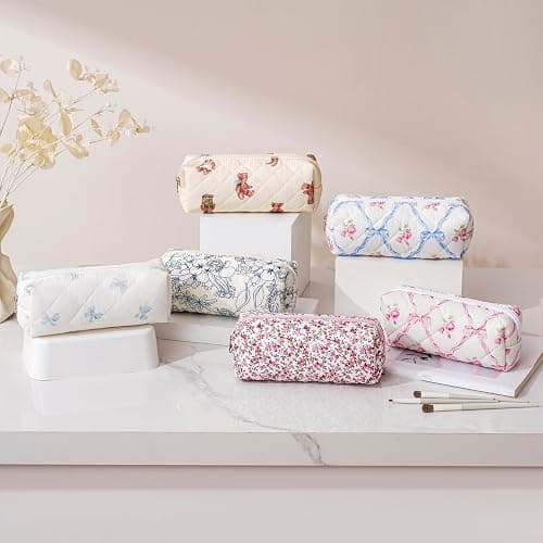 HHQQWZ Cute Floral Cotton Makeup Brush Cosmetic Bag for Women, Travel Quilted Zipper Make Up Bag, Flowers Toiletry Organizer Case Kawaii Makeup Cosmetic Travel Cloth Pouch (Pink+Red Floral) thumbnail 6