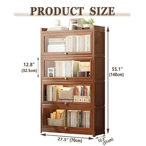 qeknxks 55" Bamboo Bookcases,Book Shelfs with Acrylic Doors,Freestanding Display Storage Shelves for Collectibles,4 Tier Tall Bookshelfs & Bookcases for Living Room Bedroom Home Office thumbnail 2