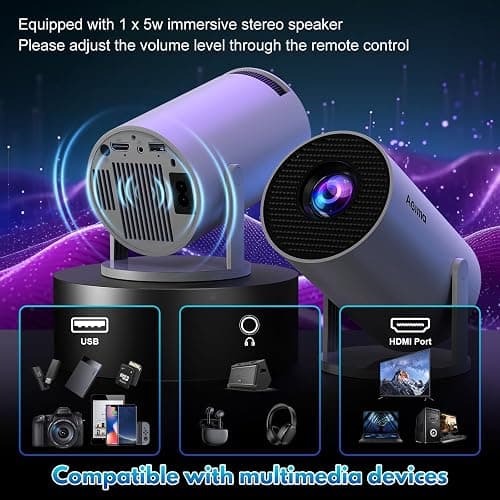 Mini Beamer, 1080P 4K Support 180°Dreh Tragbarer Streaming-Projektor, Klein Videoprojektor Unterstützt 2.4/5G Dual WiFi und Bluetooth 5.0,mit Android und IOS Smart Beamer Doppelsteuerung mit Maus,Weiß thumbnail 4