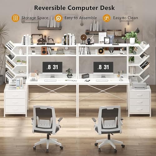 YOMILUVE Reversible Computer Desk with Hutch, Home Office Desk with Drawers and Bookshelf, 52'' Study Writing Desk with Storage Shelves for Bedroom Home Office, White thumbnail 7