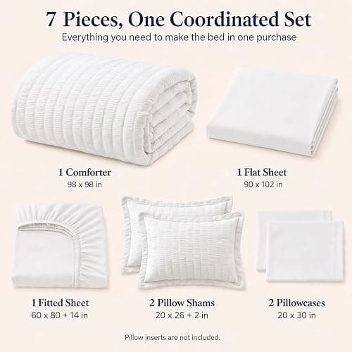 CozyLux Oversized Queen Comforter Set, 7-Piece White Seersucker, 98 x 98 in | OEKO-TEX Certified All Season Bed in a Bag with 240 GSM Down Alternative Comforter, Flat & Fitted Sheets, Pillowcases & Shams thumbnail 2