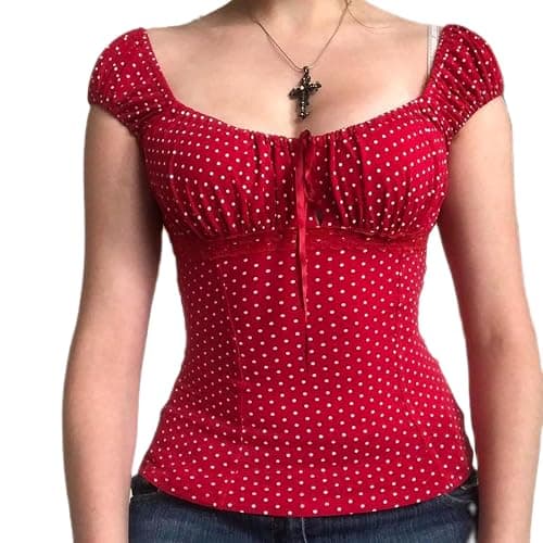 Women Fairy Grunge Shirt Summer Cap Sleeve Lace Up Polka Dot Milkmaid Tops Vinatge E-Girls Aesthetic Clothes - Image 1