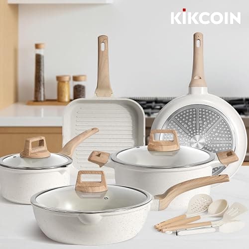 Kikcoin 16Pcs Pots and Pans Set Nonstick Ceramic Cookware Sets Induction Kitchen Cooking Set Non toxic Healthy Non Stick w/Grill Pan,Saute Pan, Ceramic White thumbnail 2