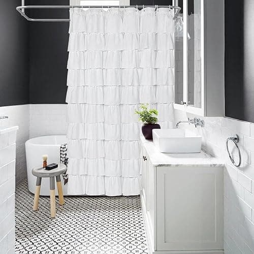 Volens White Shower Curtain Fabric Ruffle for Bathroom,72in Long thumbnail 5