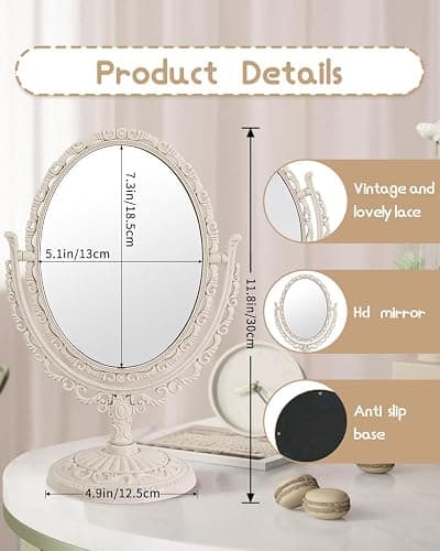 XPXKJ Vintage Vanity Mirror Shabby Chic Decor | 360° Rotating Double-Sided Table Makeup Mirror with Stand Bedroom Decoration Perfect for Tabletop, Desk, or Makeup Station thumbnail 2